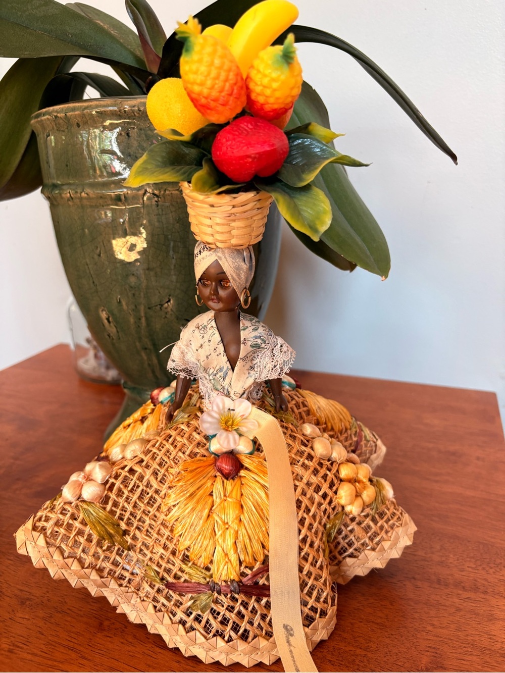 Vintage Caribbean Handmade Straw Doll with Fruit Basket Hat - Yellow / Brown